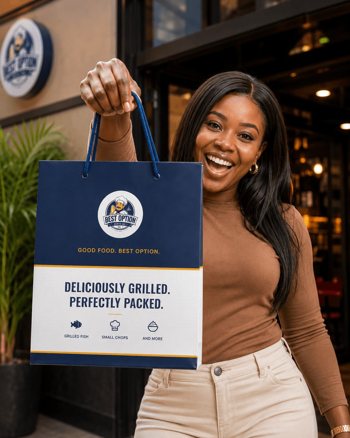 A customer holding a Best Option takeout bag outside the restaurant