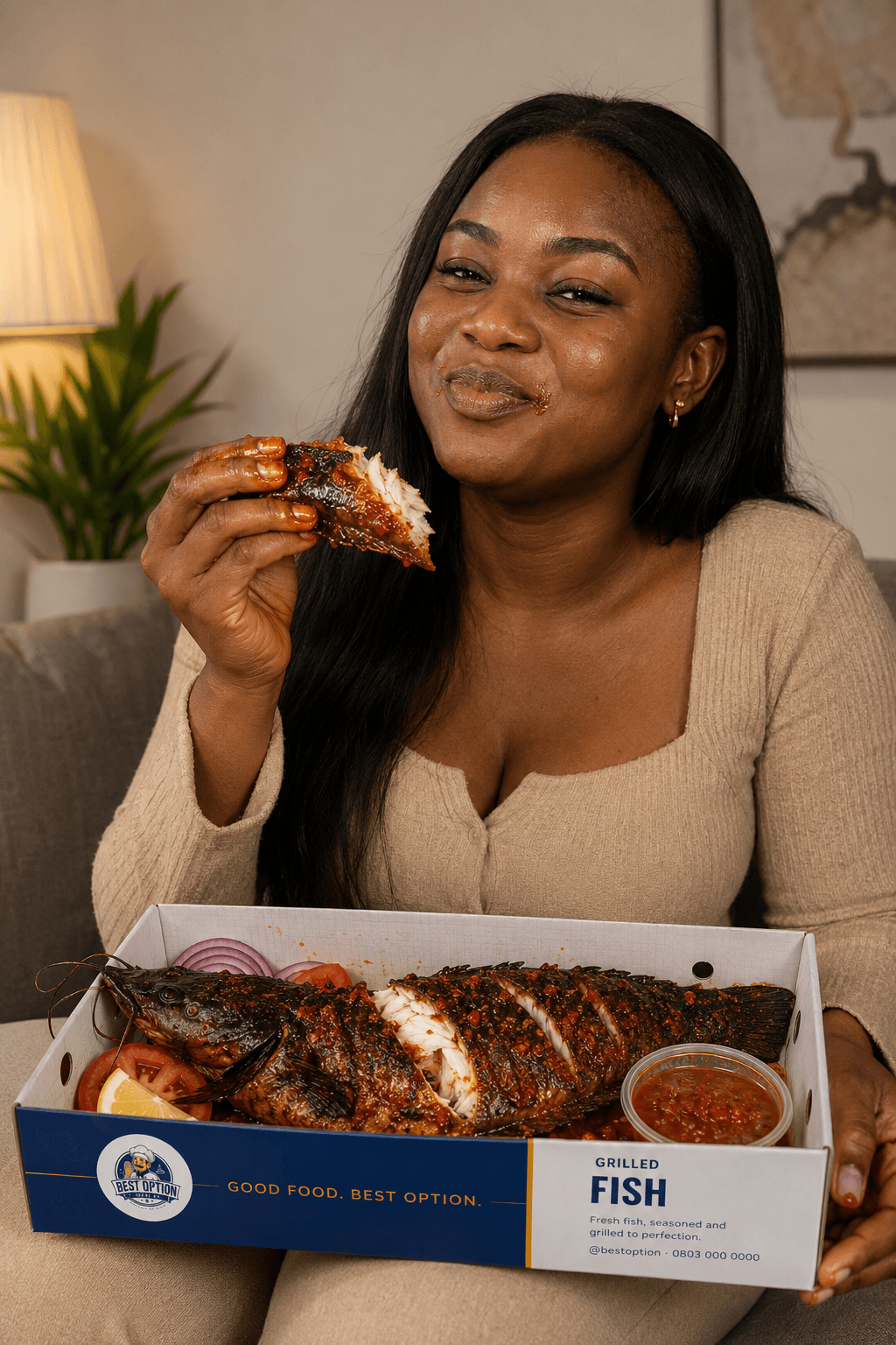 A customer enjoying a piece of whole grilled fish from Best Option